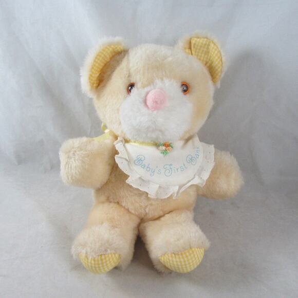 Plush Teddy Bear Babys First Bank Gingham Accents Bib 9" Vintage Hallmark 1982 - Picture 1 of 8